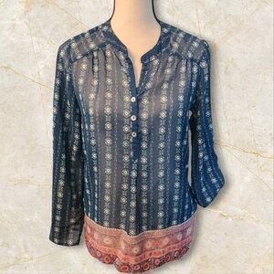 About A Girl Los Angeles Women’s Blouse Size Small Navy Boho Sheer Tunic‎ Top